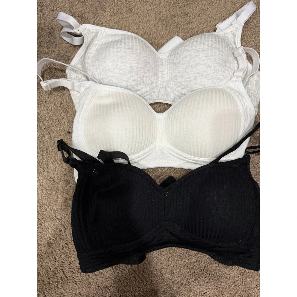 YESLAU Teens Girls Training Bra 3 Pack Black White Light Gray Ribbed Sz 32 Tween